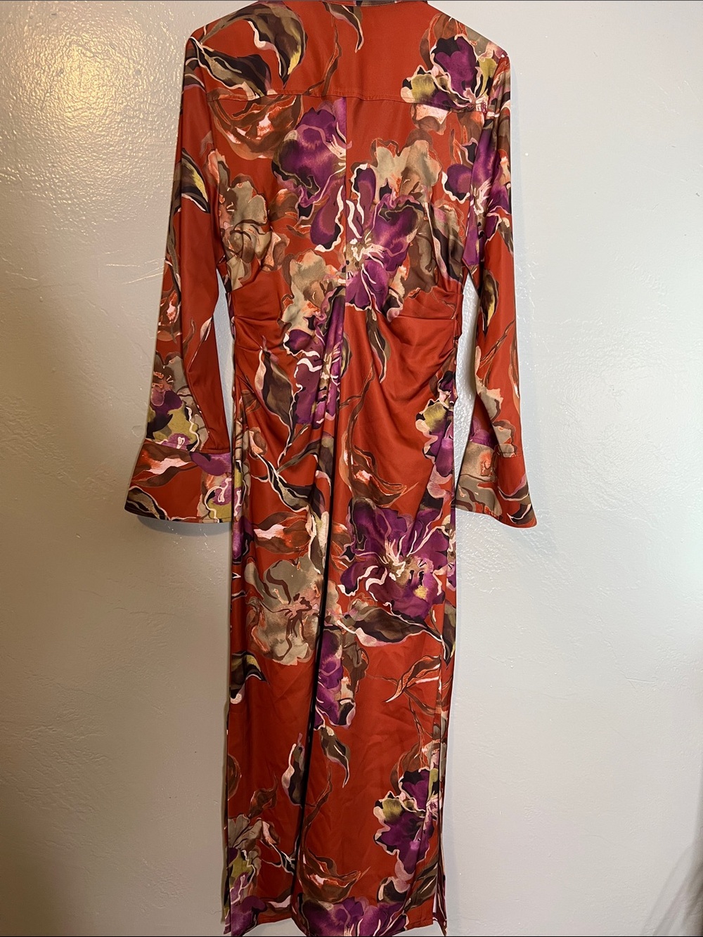 Donna Karan Midi Dress  Floral Print Long Sleeve Shirt Dress - Rust & Purple NWT - Picture 5 of 6